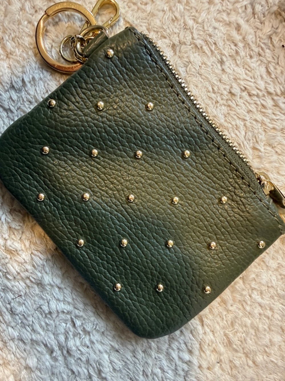 Dark Green Studded Leather Key Coin Pouch with Gold Hardware